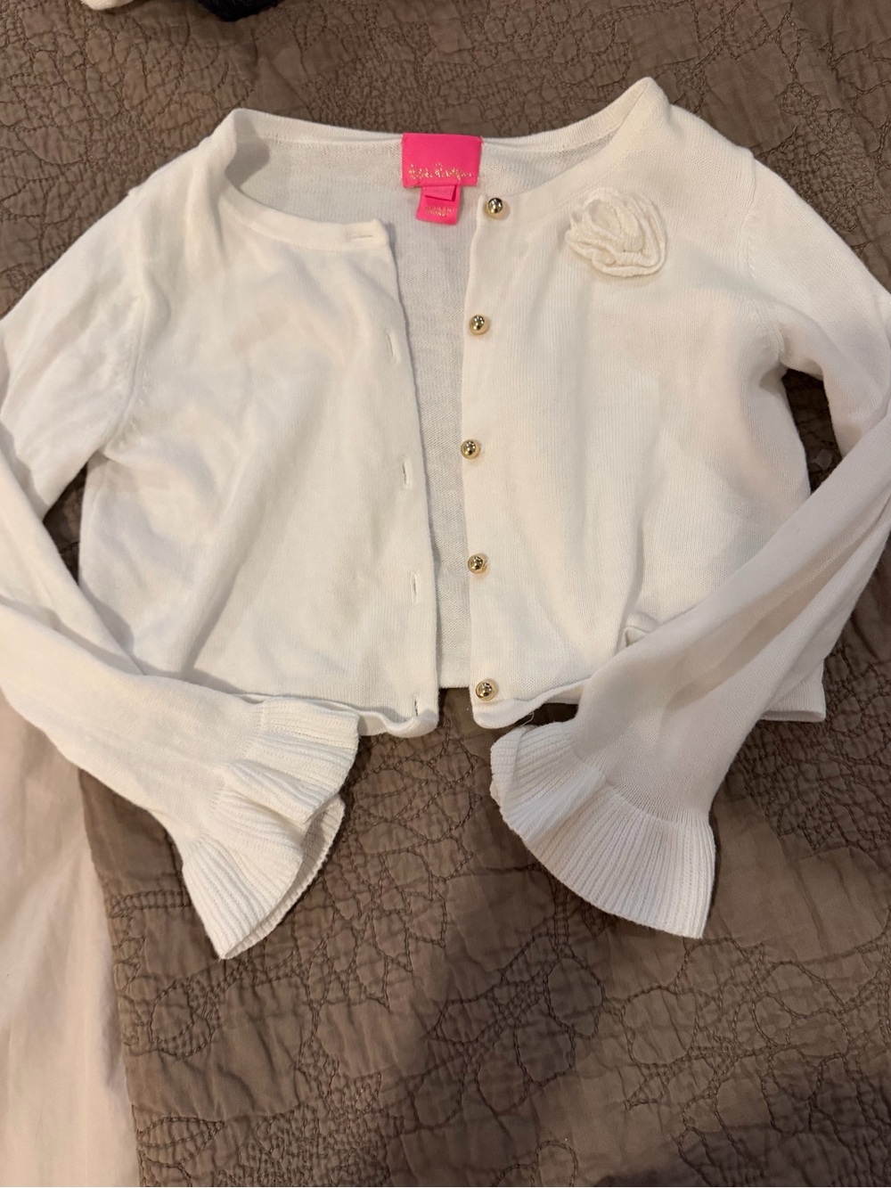 Lilly Pulitzer White Knit Cardigan with Gold Buttons and Flower Detail